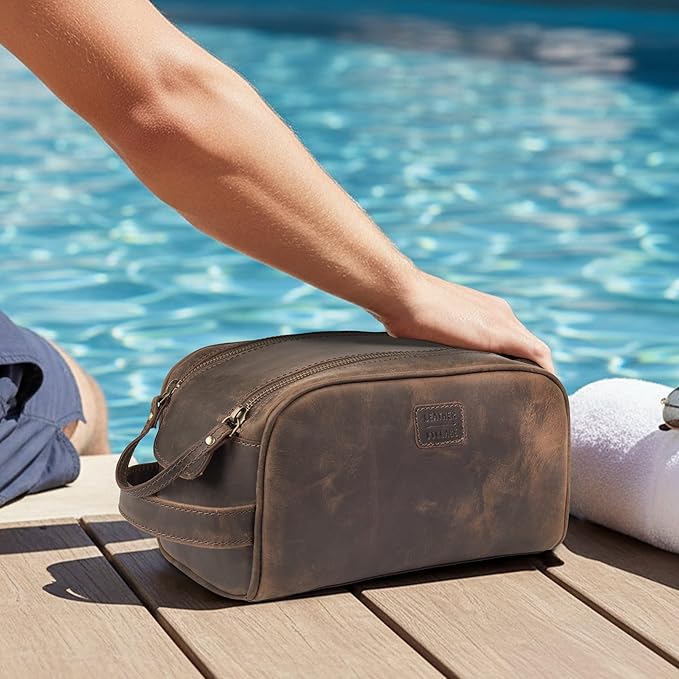 LEATHER VILLAGE Genuine Leather Toiletry Travel Bag With Waterproof Lining - Brown | King-Size Handcrafted Vintage Dopp Kit Bag, Shaving & Bathroom Organizer, Gift for Men & Women