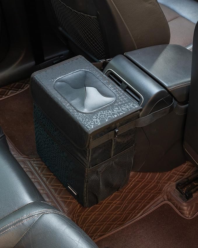 SIBOFUEGO Sturdy 3 Gallon Car Trash Can - Ultra Large Capacity, Leak Proof, Waterproof Car Organizer and Storage with Pockets and Adjustable Straps, Collapsible Interior Car Accessory (Black Leopard)