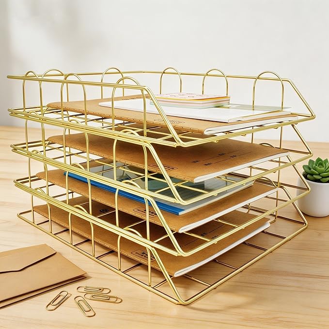 JIARI 4 Pack Desk Organizer Stackable Letter Tray Paper Organizer, Metal Desk Organizer Tray for Letter/A4 Paper Storage, for Office Supplies (Gold 4 Pack)