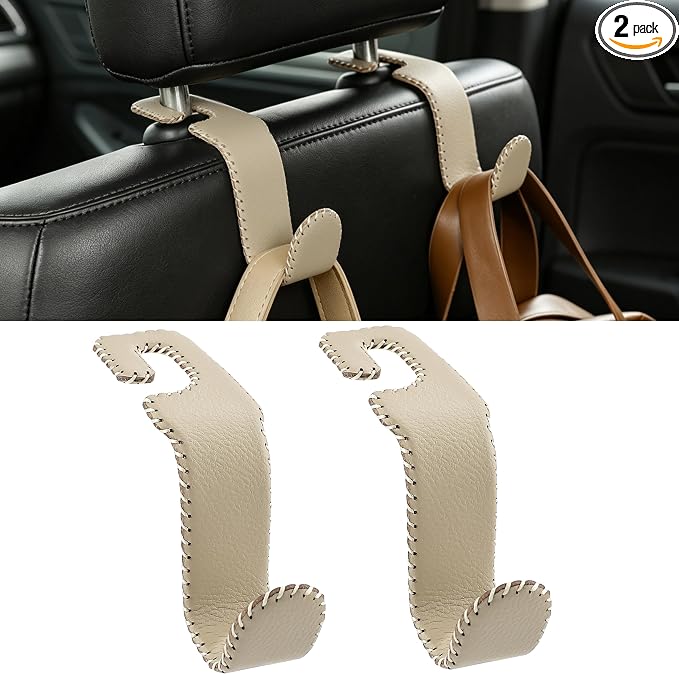 Amooca Car Seat Headrest Hook, Universal Vehicle Storage Hanger, Leather with Metal Car Seat Back Organizer for Handbag, Purse, Coat, Ergonomic Design, Beige 2 Pack