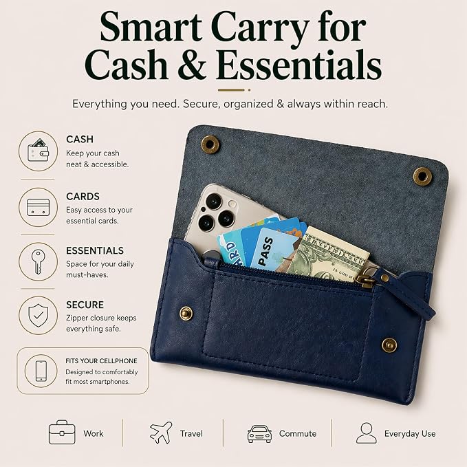 Leather Currency Pouch - Handmade Cash Organizer with Double Button Closure & Zipper Pocket, Compact Money Holder for Travel & Everyday Use, 4 x 8 Inch (Blue)
