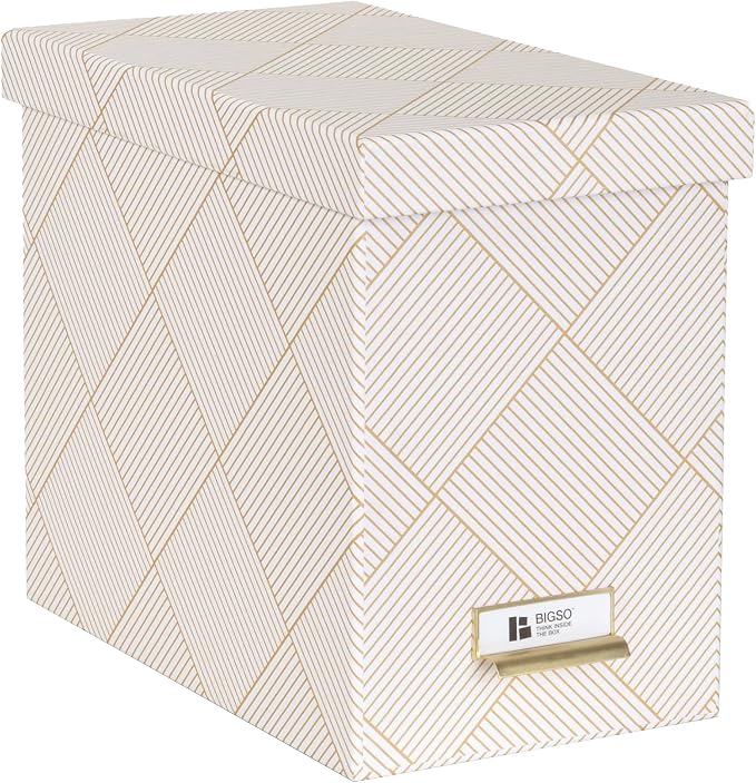 Bigso John Fiberboard Label Frame Desktop File Storage Box - Document Organizer for Important Paperwork - Durable Hanging File Box with Lid & Metal Label Window - 7.36 x 13.38 x 10.51in - Gold Squares