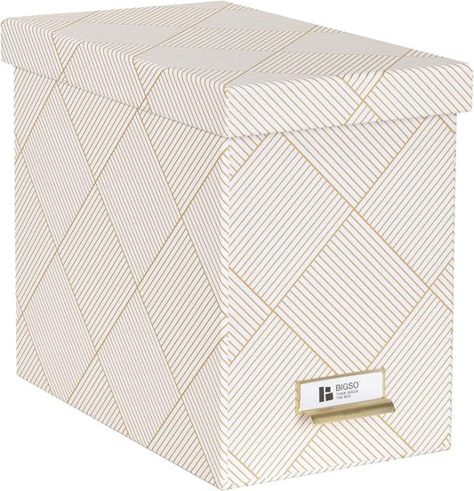 Bigso John Fiberboard Label Frame Desktop File Storage Box - Document Organizer for Important Paperwork - Durable Hanging File Box with Lid & Metal Label Window - 7.36 x 13.38 x 10.51in - Gold Squares