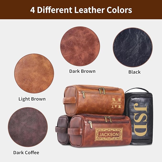 Personalized Leather Toiletry Bag for Men, Large Capacity Toiletry Travel Bag, PU Leather Waterproof Shaving Toiletry Bag, Travel Essentials Customized Gifts for Husband (Style 3)
