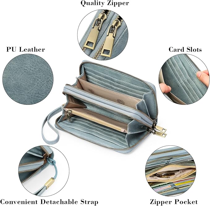 GAEKEAO Wallet for Women Clutch RFID Blocking Wristlet Leather Purse Large Capacity Credit Card Holder with Grip Hand Strap
