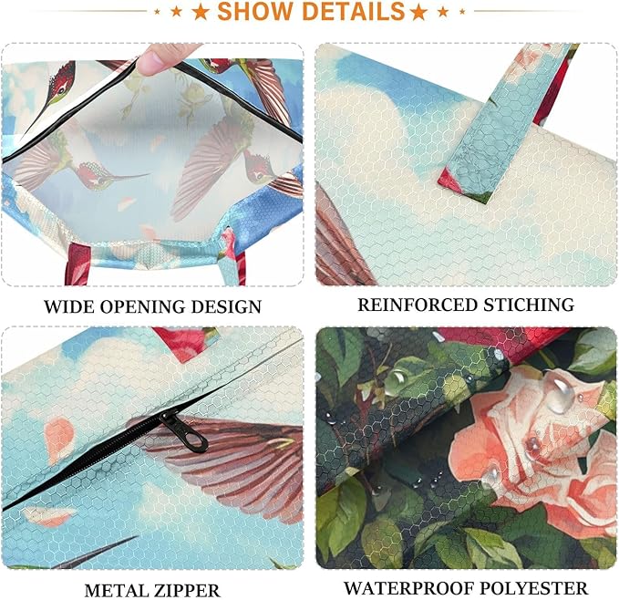 Travel Laundry Bags 2 PC Wet Dry Bag with Handle Dirty Clothes Organizer for Swimsuits Beach Camping Waterproof Washable Cartoon July 4th Red Roses and Hummingbirds