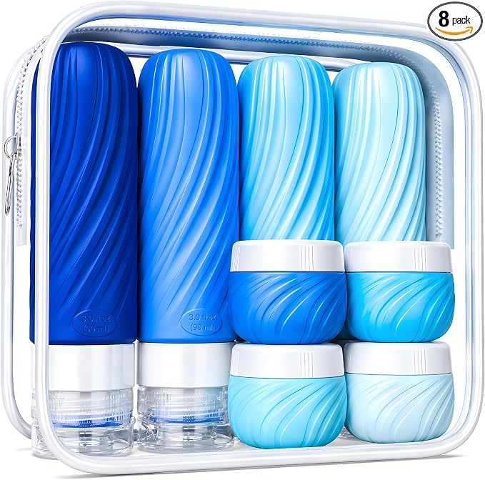 Travel Bottles for Toiletries 8 Pack: TSA Approved 3oz Leak Proof Containers - Silicone Squeezable Bottles for Shampoo Lotion - Travel Essentials for Women Men with Clear Bag