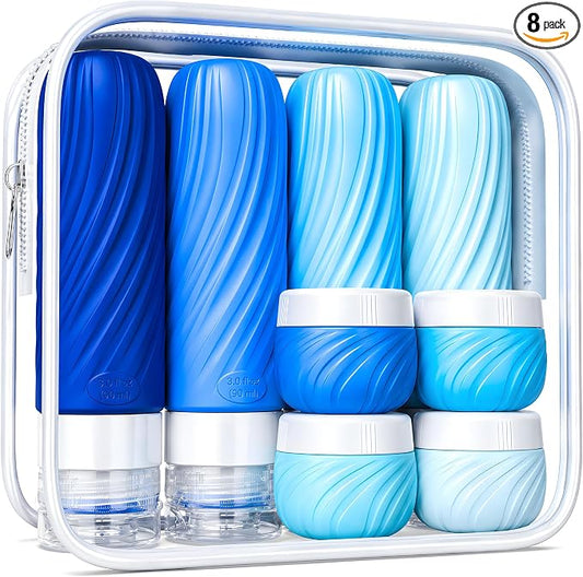 Travel Bottles for Toiletries 8 Pack: TSA Approved 3oz Leak Proof Containers - Silicone Squeezable Bottles for Shampoo Lotion - Travel Essentials for Women Men with Clear Bag