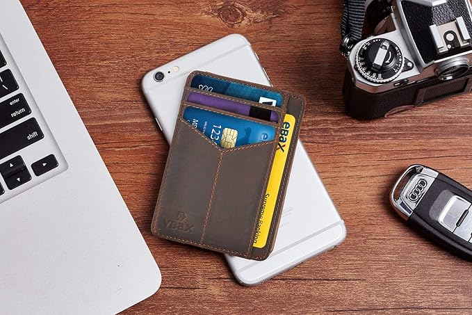 RFID Slim Wallet for Men Women, 8 Card Slot Leather Minimalist Front Pocket Credit Card Holders Black Vintage Leather