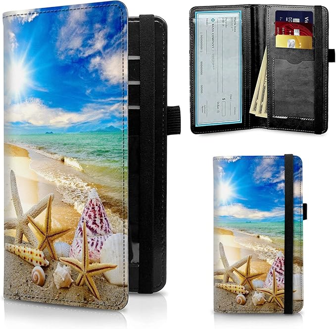 FUYOCWE Leather Checkbook Covers for Men Women Check Book Holder Cover Wallets for Personal Checkbook Duplicate Checks with RFID Blocking & Elastic Strap-Beautiful Beach Seashells