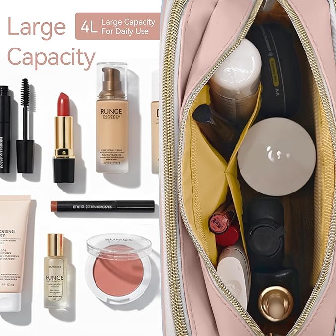 Travel Makeup Bag for Women, Large Capacity Waterproof Cosmetic Organizer with Divider & Handle, Portable Open Flat Toiletry Pouch for Travel Accessories (Pink)