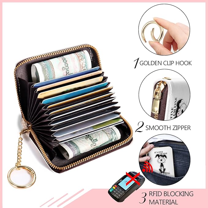 Blusabaca Funny Dog Credit Card Holder for Women, Small RFID Wallet with Zipper, Card Keychain Wallet, Leather Wallet Card Case, Business RFID Blocking Accordion Purse Wallet Gift I'm Fine
