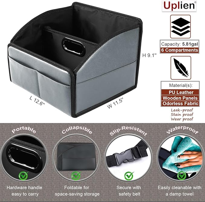 Car Storage Organizer [2025 UPDATED] Leather Car Caddy Basket for Front Seat Floor Back Seats Metal Handle 6 Compartments Adjustable Strap Buckles Slip-Resistant (Gray)