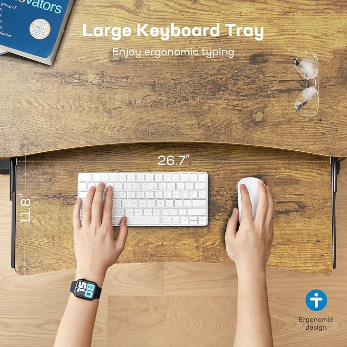 HUANUO 55" x 26" Electric Standing Desk with 2 Drawers & 26.7" Large Keyboard Tray, C-Clamp Mount Compatible, Adjustable Computer Desk for Home Office, Stand Up Desk with 4 Height Presets, Vintage