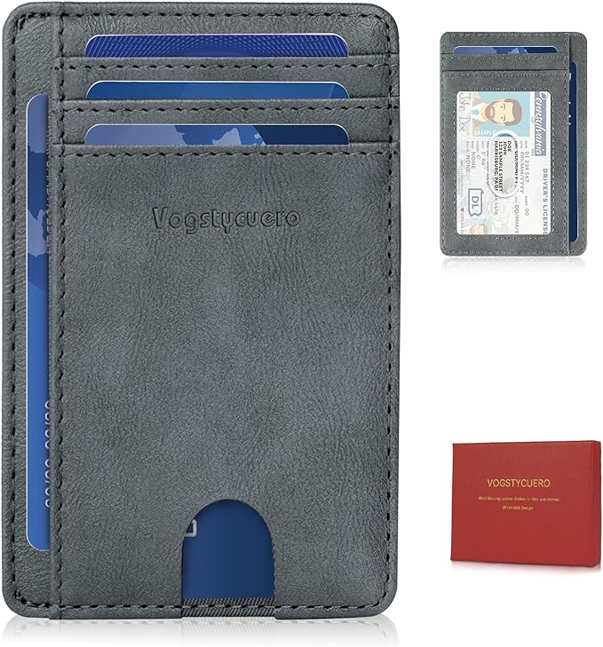 Front Pocket Thin Wallet for Men Women RFID Blocking Credit Card Holder Card Cases Slim Minimalist Wallet with Gift Box Faux Leather Alaska Grey