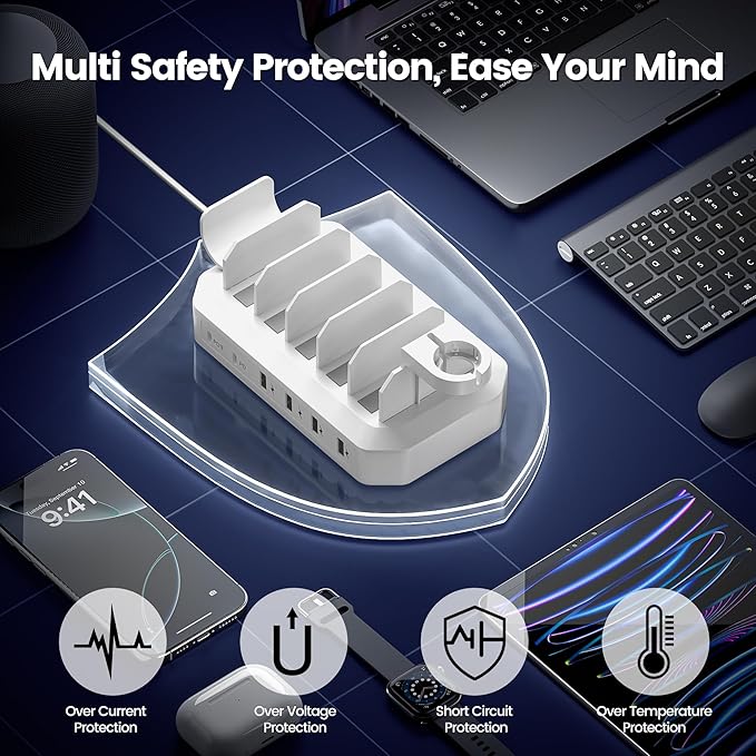 95W Fast Charging Station for Multiple Devices【UL & FCC Tested Safer Charging】 6-Port USB Charging Dock with 2 PD-Port, Compatible with iPhone/Android/MacBook/iPad/Tablet/Kindle(8 Cables Included)