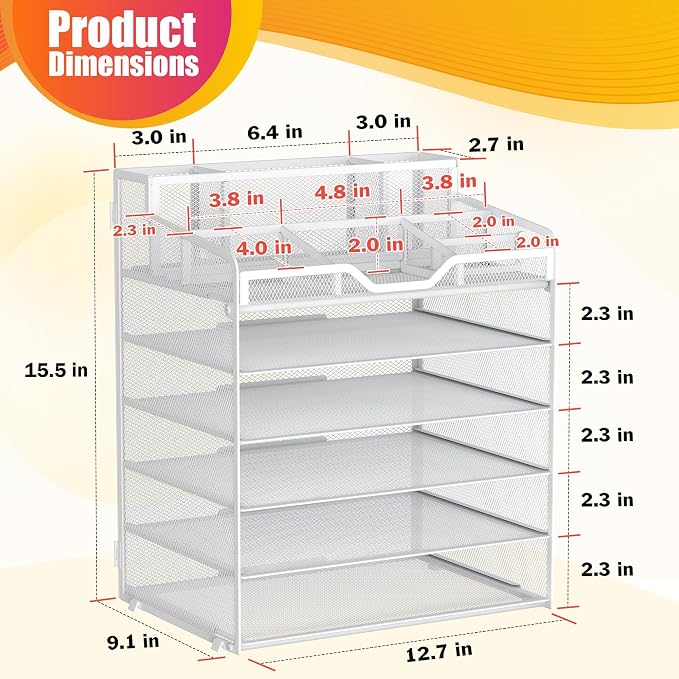Docnest 6 Tier Mesh Desk Organizer for Paper Office Supplies – Multi-Functional Letter Tray with 5 Adjustable Compartments, 4 Pen Holders, Desktop Storage for Files, Mail, Stationery – White