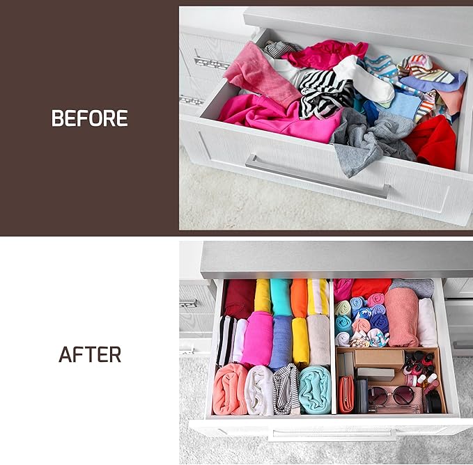 6-Pack Drawer Dividers 4 Inch High, 11??17" Adjustable Bamboo Organizers Large Expandable Drawer Separators for Cloths, Dresser, Bedroom, Bathroom, Baby Drawer, Office & Kitchen Utensils (White)
