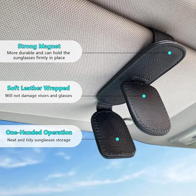 Visonx Sunglass Holder for Car Visor Clip, Magnetic Leather Eyeglass Hanger Clip for Car, Square Car Visor Accessories (Black)