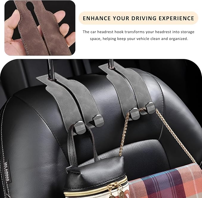 Sun Walker 2 PCS Car Seat Headrest Hooks, Auto Back Seat Purse Hook Bag Organizer with American Flag, Vehicle Double Metal Hooks Storage Hanging Holder for Handbags Coats Phones (Gray)