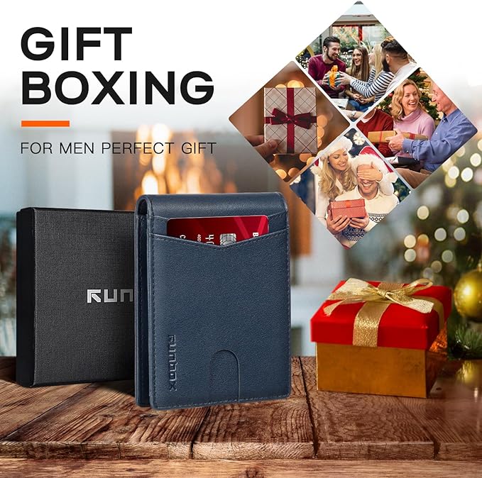 RUNBOX Wallet for Men Slim Leather Bifold RFID Blocking Minimalist Front Pocket Design with Gift Box