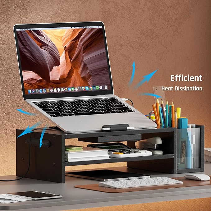 Adjustable Wood Laptop Stand, Ergonomic Height & Angle Computer Riser with Pen Holder – Compatible with MacBook Air/Pro, Dell, HP, Lenovo & 10-17.3" Notebooks – Black