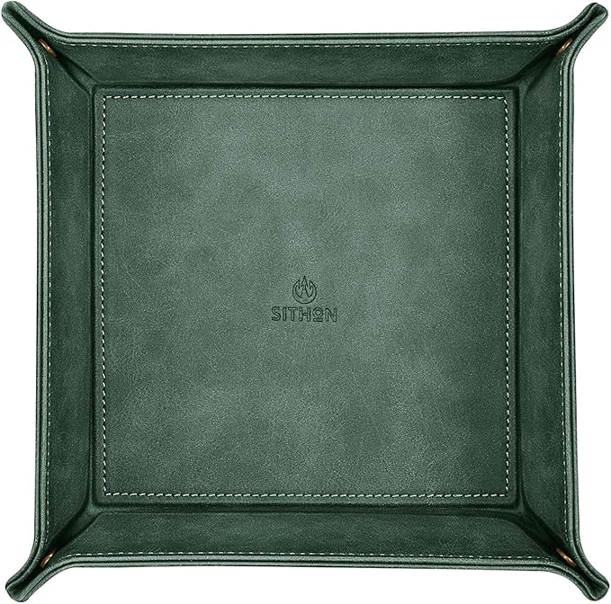 SITHON Valet Tray Desktop Storage Organizer – Premium PU Leather Catchall Bedside Vanity Tray Nightstand Caddy Holder for Keys, Phone, Wallet, Coin, Valentine's Day Gift, Dark Green