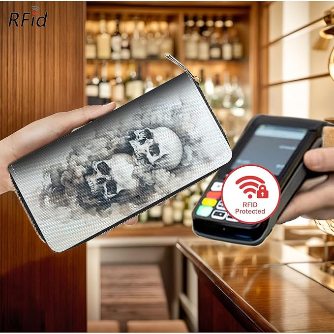 Bxgolkgd Womens Wallet, RFID Blocking Leather Wallet,Large Capacity Wallet Credit Card Holder PU Leather Ladies Clutch with Zipper Coin Pocket - Smoke Skull