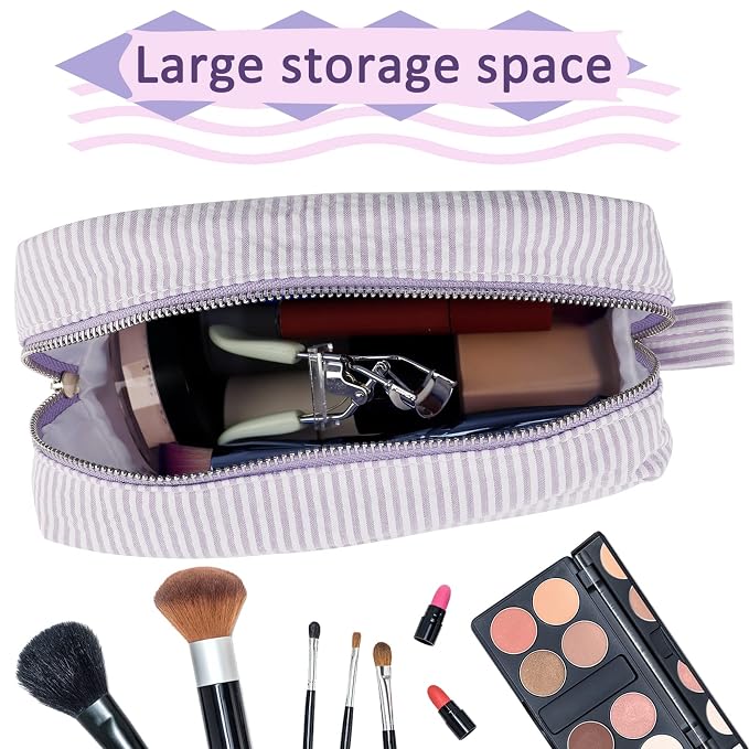 GFU Cosmetic Bags for Women, Seersucker Cosmetic Bag, Travel Toiletry Stripe Makeup Bag, Large Women Aesthetic Organizer Storage Pouch, Girls Handbags Purses,Purple