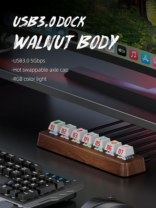 Walnut Wood 7-Port Powered USB 3.0 Hub, 5Gbps Data Transfer, Independent Hot-Swappable 3-Pin Mechanical Keyboard Switch Expander, RGB Backlit Docking Station-FU07