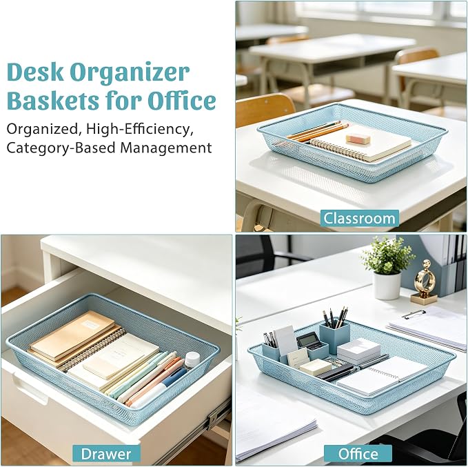 Office Metal Mesh Basket for Desk, Single Paper Tray Organizer, Turn in Trays Classroom, Flat Mail Letter Storage Basket for Office Home Drawers School (1, Blue)