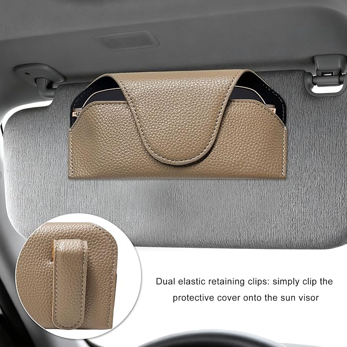 Sunglass Holder for Car Visor, Magnetic Auto Sun Visor Eyeglass Organizer with Dual Back Clips, Leather Glasses Protective Storage Case Universal for Most Vehicles Visors (Brown)