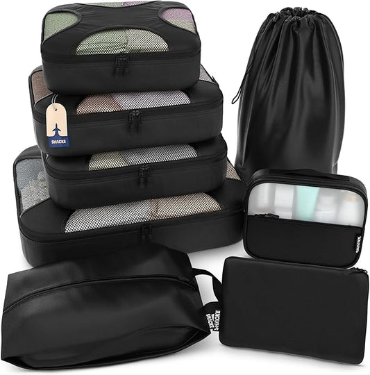 Shacke Packing Cubes for Travel 8 Set - Premium Luggage Organizer Bags - Versatile Travel Organizer for Women and Men - Optimized Packing Bags - Travel Essentials (Black)