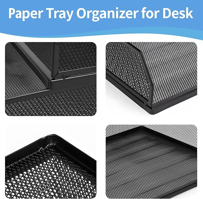 Paper Tray Desk Organizer, 2 Pack Stackable Letter File Tray, Wire Mesh Desktop Organizer, Front-Load Metal A4 Paper Sorter Documents Storage Holder Tray for Office Supplies Home School Classroom