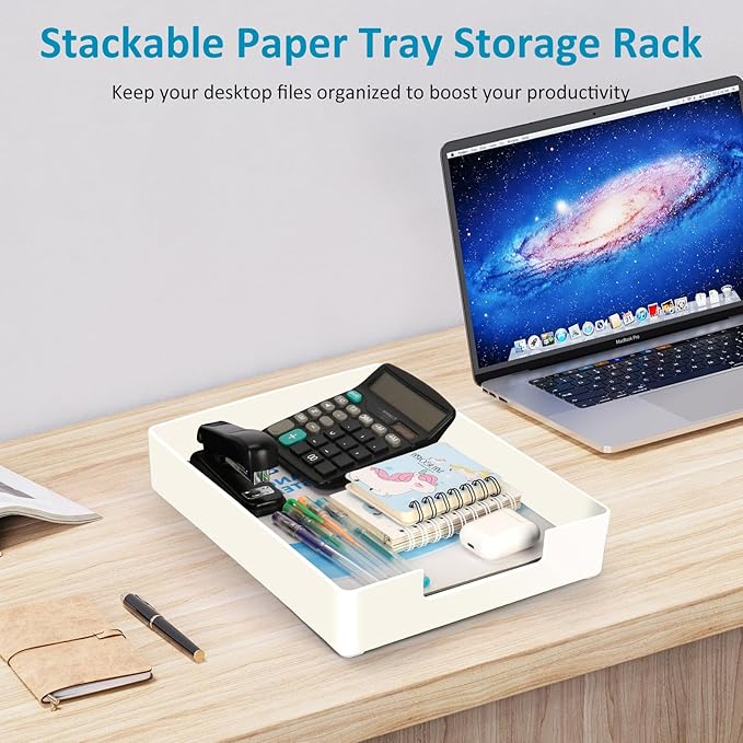 Desk Organizer Tray, 2-Pack A4 Letter-Size Tray, Plastic Printer Paper Holder, Rectangular Desktop Stackable File Holder for Office Supplies School Home, Mail Document Storage Containers (White)