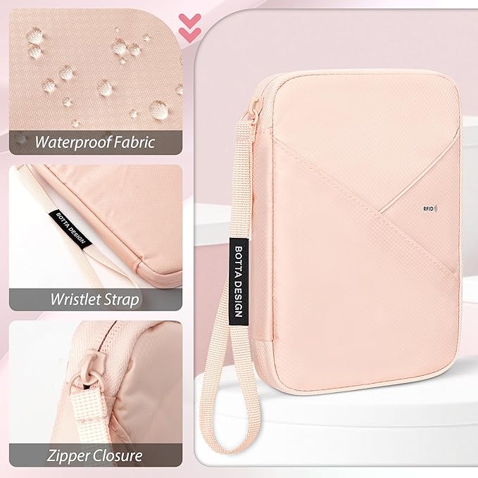 Veki Passport Holder for Travel Women Family, Passport Wallet Bag, RFID Travel Document Organizer, Waterproof Passport Holder for Men, Portable Case for Cards, Cash, Tickets, ID (Pink, M)