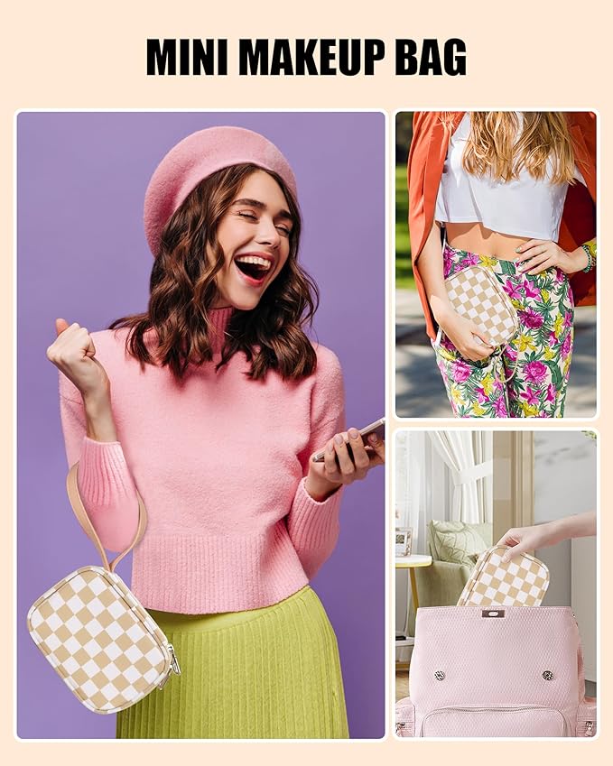 Relavel Mini Makeup Bag with Led Mirror, Small Cosmetic Bag with 3 Light Modes, Rechargeable Portable Makeup Pouch with Hands-Free Wrist Strap for Pool Parties丨Work Touch-Ups丨Travel - Plaid