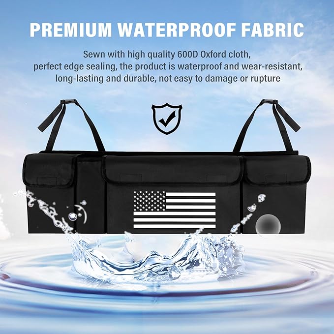 Turcee Car Trunk Organizer,Large Capacity Car Storage Organizer with US Flag Design,Hanging Foldable Car Organizers and Storage Car Interior Accessories (Black)