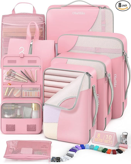 8 Set Packing Cubes for Travel, Gifts for Women Mom,Anti-Tearing Suitcase Organizer for Luggage with Shoe & Hanging Toiletry Bag,OlarHike Vacation Essentials & Accessories for Cruise Ship,Dream Pink