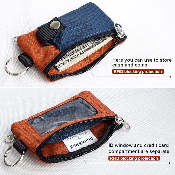 CHENSPRX Minimalist RFID Blocking Small Wallet with ID Window,WaterResistant Zip Id Case Wallet with Lanyard Keychain for Cards,Cash,Travel,Women,Men