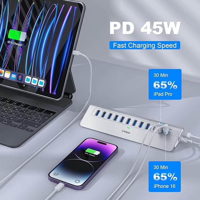 Powered USB Hub 10Gbps, intpw YH9AC 12 Port USB C Hub with 10Gbps USB C 3.2+2 USB A 3.2, 7 USB 3.0, 2 PD 45W Charging Port, 65W Power Adapter + 3.3FT Cable, Aluminum USB Hub for Laptop/iPhone 17/16/PC