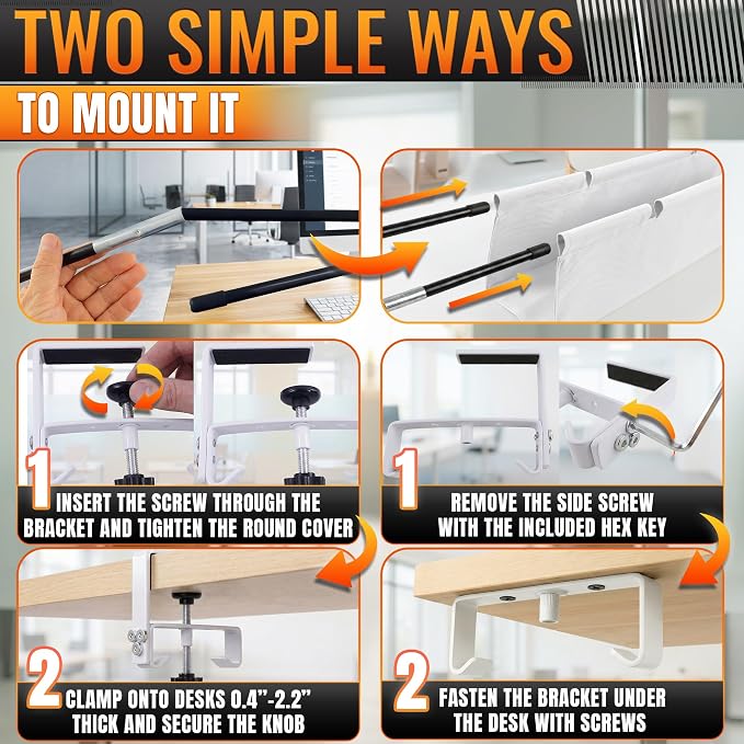 Under Desk Cable Management Tray 28" — No Drill Clamp-On Cord Organizer for Desk with Built-in Ties, Heavy Duty Metal Clamp, Foldable 600D Oxford Fabric for Home Office, WFH & Gaming PC Setup (White)