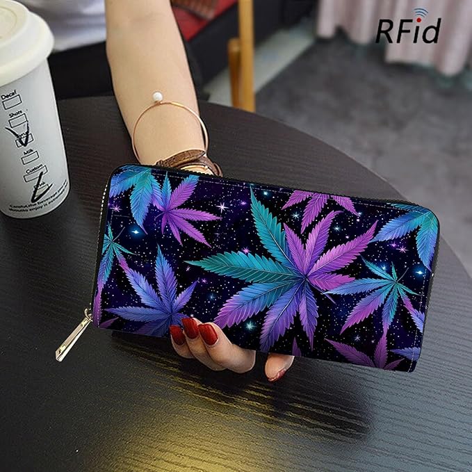RFID Blocking Leather Wallet for Women – Large Capacity Zip Around Clutch with 8 Card Slots,30 Cash Pockets & Coin Zipper,Weed Leaf Pattern