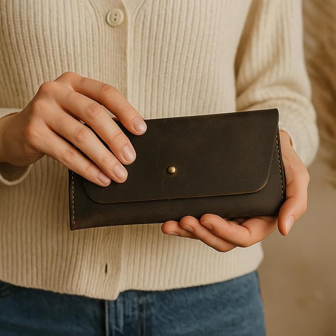Leather Currency Pouch Large Flap Continental Wallet, Utility Organizer Bag for Cash Coins Travel Leather Money Pouch Envelope Storage Bag and Cash Organizer Men Women (Dark Brown)
