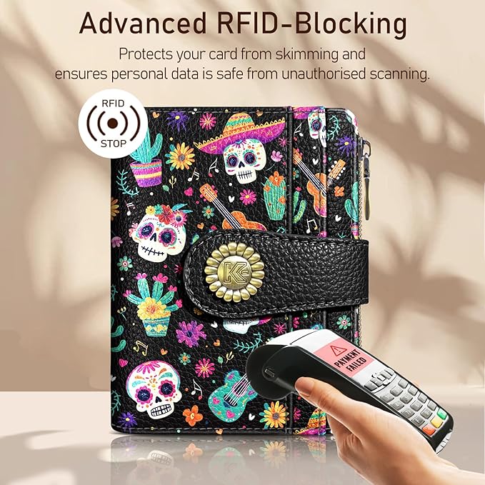 Kelvoris Skull Small Rfid Women Wallet Bifold Zipper Coin Pocket PU Leather Compact Cash Credit Card Holder Travel Wallet for Female Ladies Teen Girls 1 ID Window 10 Card Slots Day of The Dead