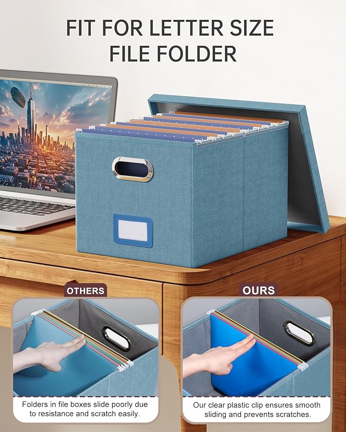 Oterri 2 Pack File Storage Organizer, Filing Box, Portable File Box with Lid, Fit for Letter/Legal File Folder Storage, Document Organizer, Dark-blue