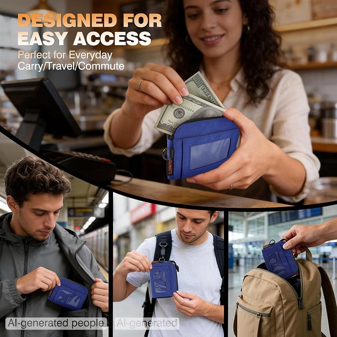 Coin Purse for Men, RFID Blocking 500D Nylon Small Wallet with Key Clip, Slim Front Pocket Card Holder, Zipper Coin Pouch & ID Window Organizer for Cards, Cash