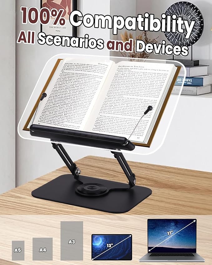 ASIEIT Book Stand for Reading, Acrylic Adjustable Book Holder with 360° Rotating Bases & Elastic Page Clips, Foldable Multifunctional Display Stand for Bible, Laptop, Recipe, Tablets, Textbook