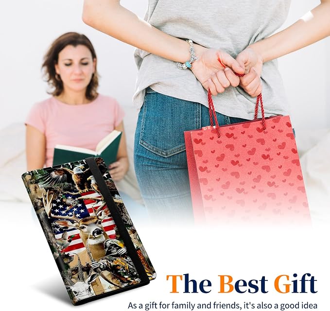 Premium PU Leather Checkbook Cover for Men & Women,RFID Blocking Slim Check Book Holder with Duplicate Check Divider & Pen Holder,Fits Standard Personal Checks,Camo Camouflage Deer Flag