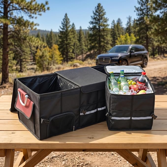 J&J Car Trunk Organizer 112L & Collapsible Cooler Bag 31.5L, 1680D Premium Durable Adjustable Storage for Road Trip Essentials, Car Accessories for Men & Women, SUV, Truck (Extra Large)